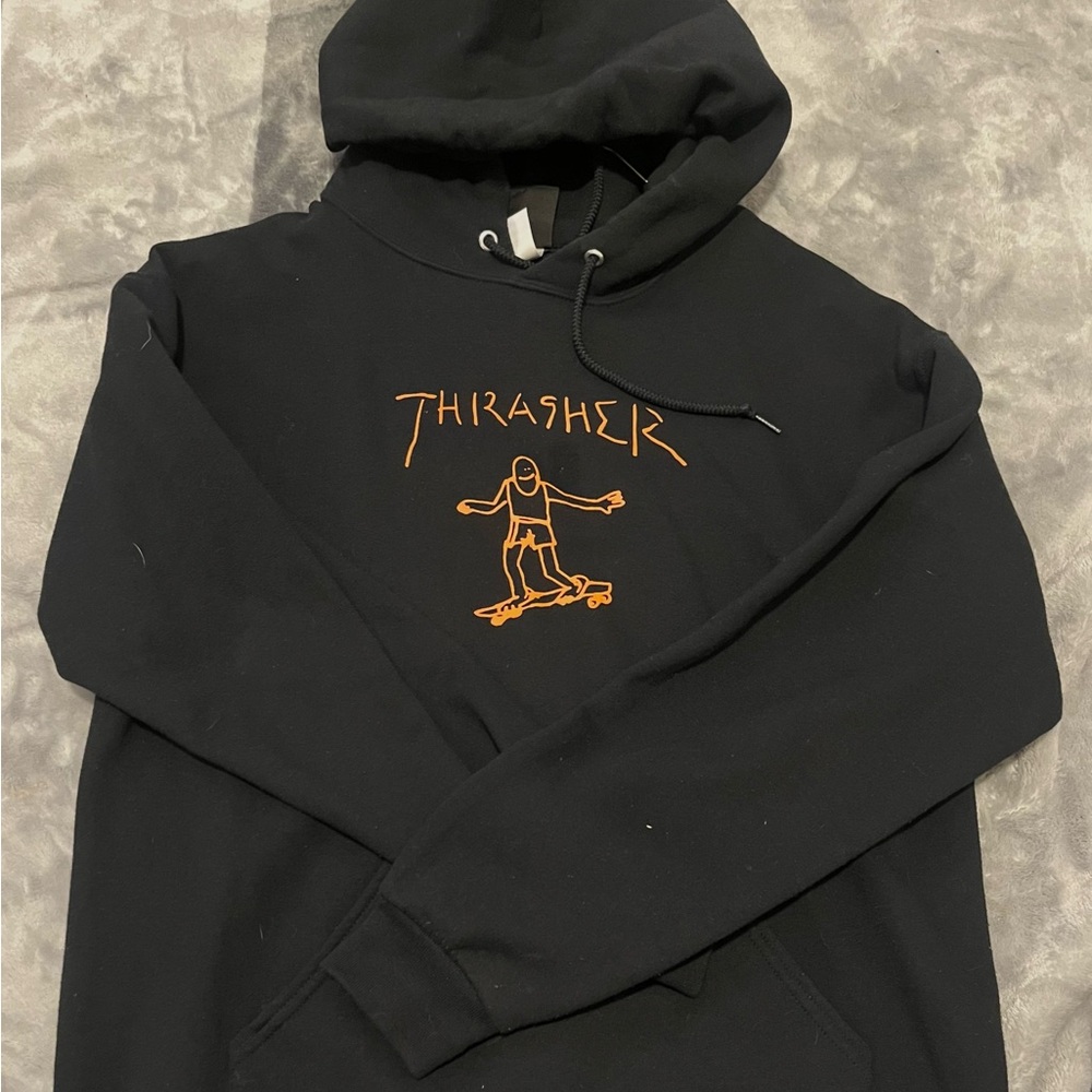 Thrasher Black Hoodie with orange writing